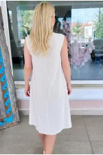 Women's Cream V-Neck Embroidered Standard Size Summer Linen Dress HZL26S-VL14211