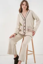 Ensemble deux pièces cardigan en maille à poches pour femme 15964 - Écru