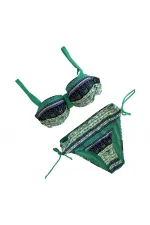 Kadın Yeşil Taş İşlemeli Etnik Desenli Astarlı Bikini Takımı HZL25S-LC3305