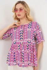 Women's Patterned Short-Sleeve Blouse 969 - Fuchsia