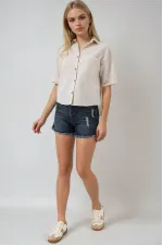 Kadın Krem Keten Görünümlü Crop Gömlek HZL25S-BD1203391