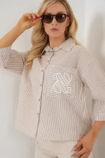 Kadın Tek Cep Nakışlı Gömlek 20328 - Bej