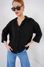Kadın Oversize Kısa Kol Gömlek 20315 - Siyah