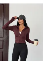 Women's Brown Diving Fabric Zippered Finger-Tight Sweatshirt HZL25W-FRY123441