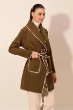 Kadın Kahverengi Nakış Detaylı Beli Kuşaklı Düğmesiz Astarsız Kaşe Kaban  HZL24W-BD191301