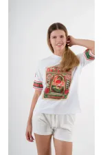 Kadın Beyaz Kırmızı Peponi Baskılı Bisiklet Yaka T-Shirt HZL24S-YY302