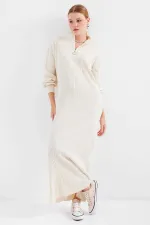 Robe longue en maille côtelée crème à col zippé pour femme HZL24W-BD1102271
