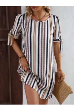 Kadın Krem Lacivert İthal Keten Baskılı Bisiklet Yaka Astarsız Elbise HZL24S-FRY121011