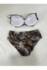Kadın Kahverengi Leopar Desenli Astarlı Büyük Beden Bikini Takımı HZL25S-LC25006