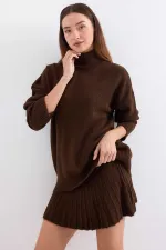 Ensemble deux pièces en tricot avec jupe et pull marron pour femme HZL25W-BD1102641