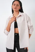 20205 Çizgili Oversize Gömlek - Krem