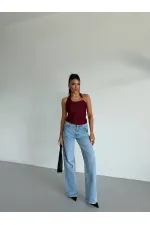 Kadın Bordo Ottoman Kumaş Halter Yaka Toka Detay Bluz HZL26W-FRY123321