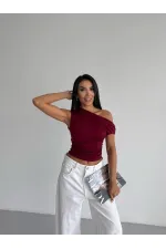 Kadın Bordo Yandan Drapeli Kayık Yaka Sandy Bluz HZL25S-FRY123201