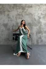 Kadın Haki Beyaz Detaylı Asimetrik Kesim V Yaka Ayarlanabilir İp Askılı Elbise HZL24S-MJ113041