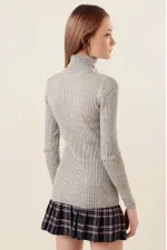 Pull col roulé côtelé gris pour femme HZL22W-BD1445001
