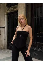 Kadın Siyah Boyundan Bağlamalı Staplez Bluz HZL25S-ZK13581