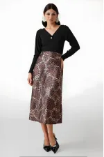 Kadın Kahverengi Leopar Desenli Saten Yüzeyli Beli Lastikli Midi Boy Etek Hzl23s-bd1101471