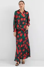 Ensemble deux pièces en satin à motifs noirs et rouges pour femme 8018