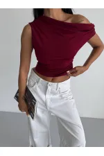 Kadın Bordo Yandan Drapeli Kayık Yaka Sandy Bluz HZL25S-FRY123201