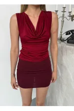 Kadın Bordo Degaje Yaka Yanlardan Drapeli Sandy Bluz HZL25S-FRY123131