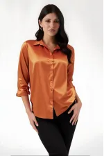 Kadın Oranj  Hafif Dökümlü Saten Yüzeyli Gömlek HZL22W-BD139641