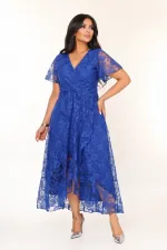 Kadın Saks Mavi Büyük Beden V Yaka Astarlı Dantel Detaylı Şık Abiye Elbise HZL26S-PR11071