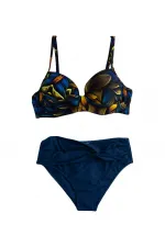 Women's Navy Blue Yellow Floral Patterned Lined Plus Size Bikini Set HZL25S-LC24108