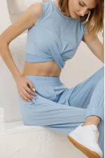 Kadın BuzMavi Önü Düğümlü Alt-Üst İkili Şalvar Takım HZL23S-SND120141