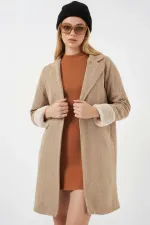 9145 Women's Furry Sleeved Herringbone Pattern Cashmere Coat - Biscuit