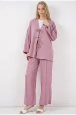 Kadın Gül Kurusu Keten Bağlama Detaylı Kimono Pantolon İkili Takım HZL26S-BD167271 Kadın Gül Kurusu Keten Bağlama Detaylı Kimono Pantolon İkili Takım HZL26S-BD167271