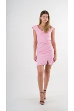 Kadın Pembe V Yaka Yırtmaç Detaylı Kolsuz Elbise HZL24S-YY272