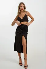 Women's Black Elastic Waist Slit Long Skirt HZL22S-BD118801