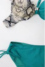 Kadın Turkuaz Bej Taş Bloklu  Yüksek Bel Toparlayıcı Bikini Takım HZL24S-LC3335