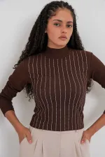 Kadın Kahverengi Yarım Balıkçı Önü Taşlı Body HZL25W-BD19221