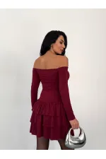Women's Burgundy Strapless Neckline Layered Skirt Detail Mini Dress HZL25W-FRY123581