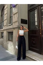 Kadın Siyah Yüksel Bel Lastikli Beli Bağlamalı Cepli Geniş Paça Pantolon HZL24S-VL191151