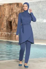 Women's Hijab Blue Long Sleeve Waist Belted Fully Covered Tights Lycra Dress Swimsuit HZL24S-AR1252-29