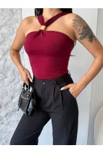 Kadın Bordo Halter Yaka Metal Detaylı Şık Crop Bluz HZL25S-FRY123251