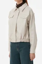 Veste courte en similicuir écru pour femme, doublée avec poches, HZL23W-BD110331
