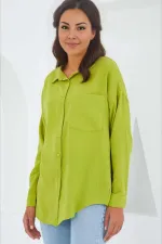Kadın Fıstık Yeşil Tek Cepli Oversize Keten Ayrobin Gömlek HZL24S-BD1201531