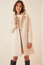 Manteau en cachemire bouclé doublé crème pour femme, à un bouton et double poche HZL22W-BD190821