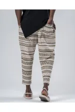 Men's Biscuit Khaki Patterned Tied Waist Straight Cut Trousers Sweatpants HZL24S-MXC8948-202