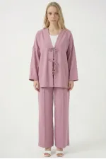 Kadın Gül Kurusu Keten Bağlama Detaylı Kimono Pantolon İkili Takım HZL26S-BD167271 Kadın Gül Kurusu Keten Bağlama Detaylı Kimono Pantolon İkili Takım HZL26S-BD167271