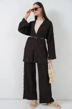 Women's Kimono Pants Two-Piece Set 30078 - Brown