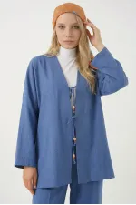 Kadın Lacivert Keten Bağlama Detaylı Kimono Pantolon İkili Takım HZL26S-BD167271