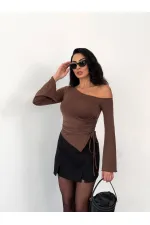 Kadın Kahve Asimetrik Kesim İspanyol Kol Beli Büzgülü Sandy Bluz HZL25W-FRY123591