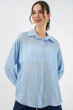 Kadın Uzun Oversize Gömlek 20320 - Mavi