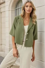 Veste Ayrobin en lin kaki à manches courtes et col châle pour femme, boutonnée, HZL24S-BD107061