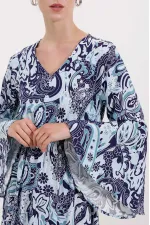 Kadın Turkuaz Desenli İspanyol Kol Beli Lastikli Uzun Yazlık Viskon Elbise HZL24S-BD124541