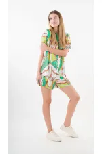 Kadın Fıstık Yeşili Desenli Şort Gömlek Alt Üst Takım  HZL24S-YY226
